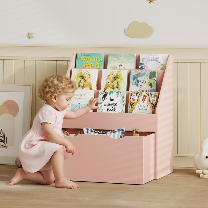 Estantería de Juguetes con 3 Compartimentos, Librería Infantil, Caja de Juguetes Móvil, Cajón con Ruedas, Multifuncioanl, para Dormitorio, Guardería, Sala de Juegos, Rosa