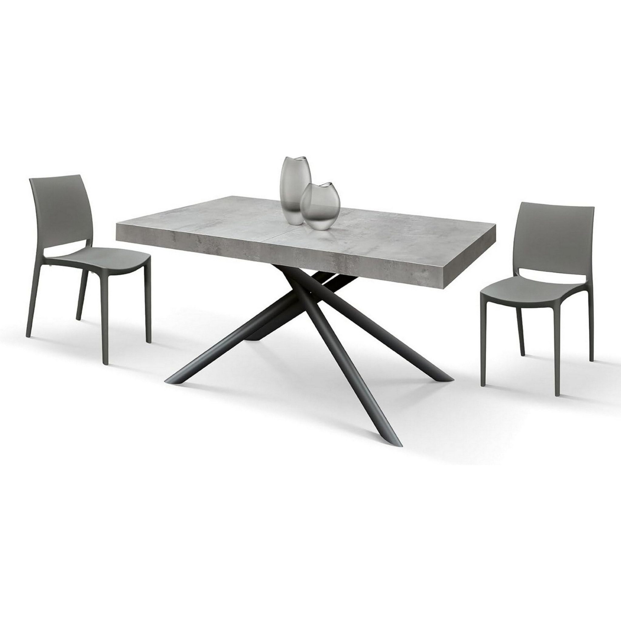 Tavolo CARRARA in legno, finitura grigio cemento e base in metallo verniciato antracite, allungabile 140x90 cm - 220x90 cm