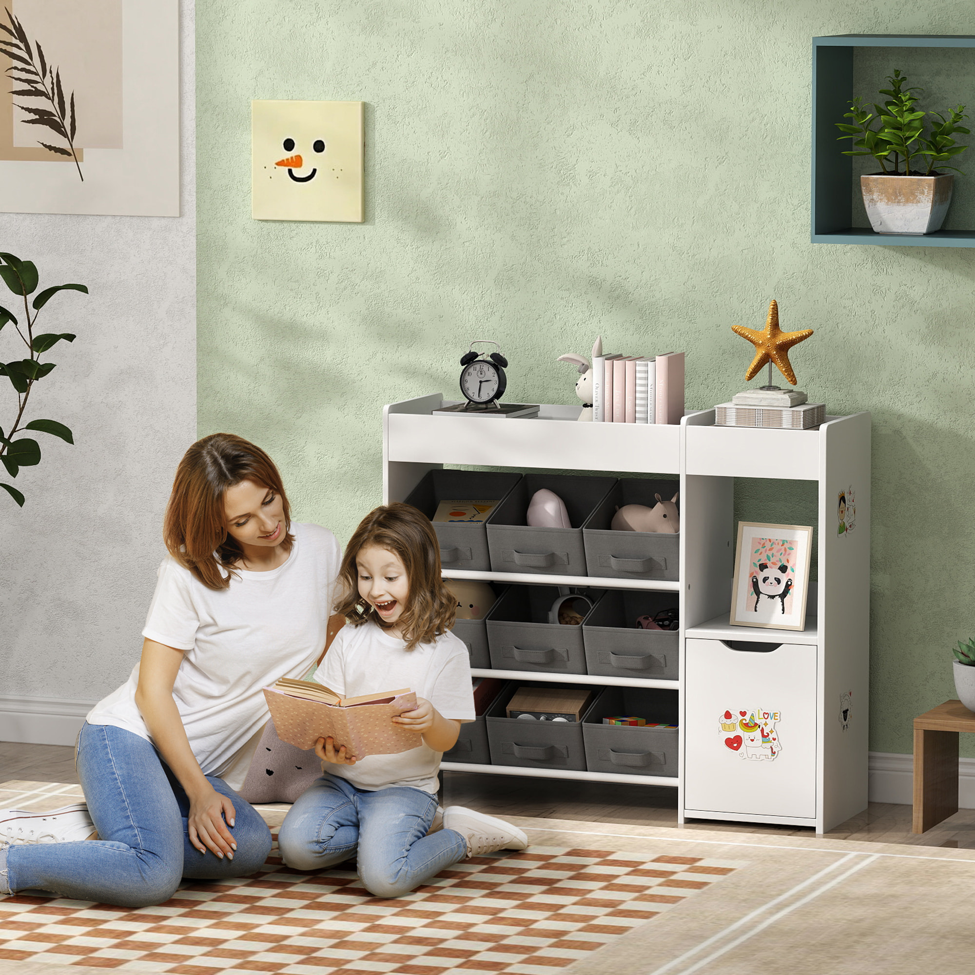 Etagère de rangement enfant pour jouets et livres - 9 boîtes amovibles tissu non-tissé gris - porte, niche, 2 compartiments