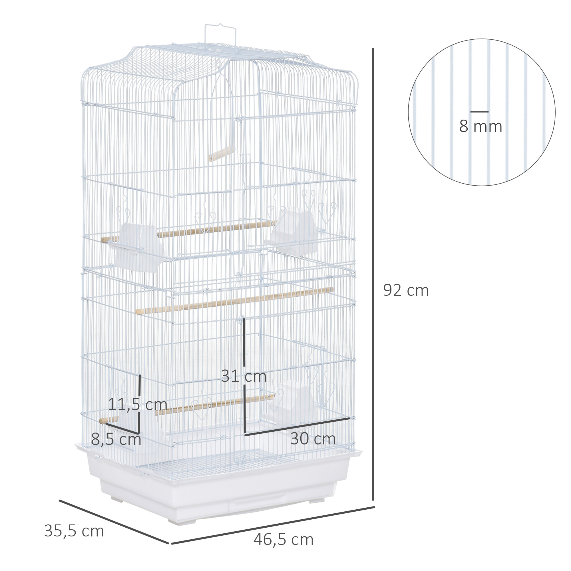 Cage à oiseaux volière avec mangeoires perchoirs plateau amovible 2 portes dim. 46,5L x 35,5l x 92H cm métal blanc