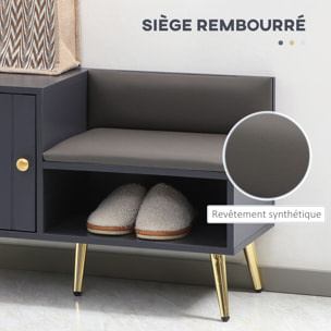 Meuble chaussures banc à chaussures style art déco placard niche banquette assise dossier PU acier doré panneaux gris