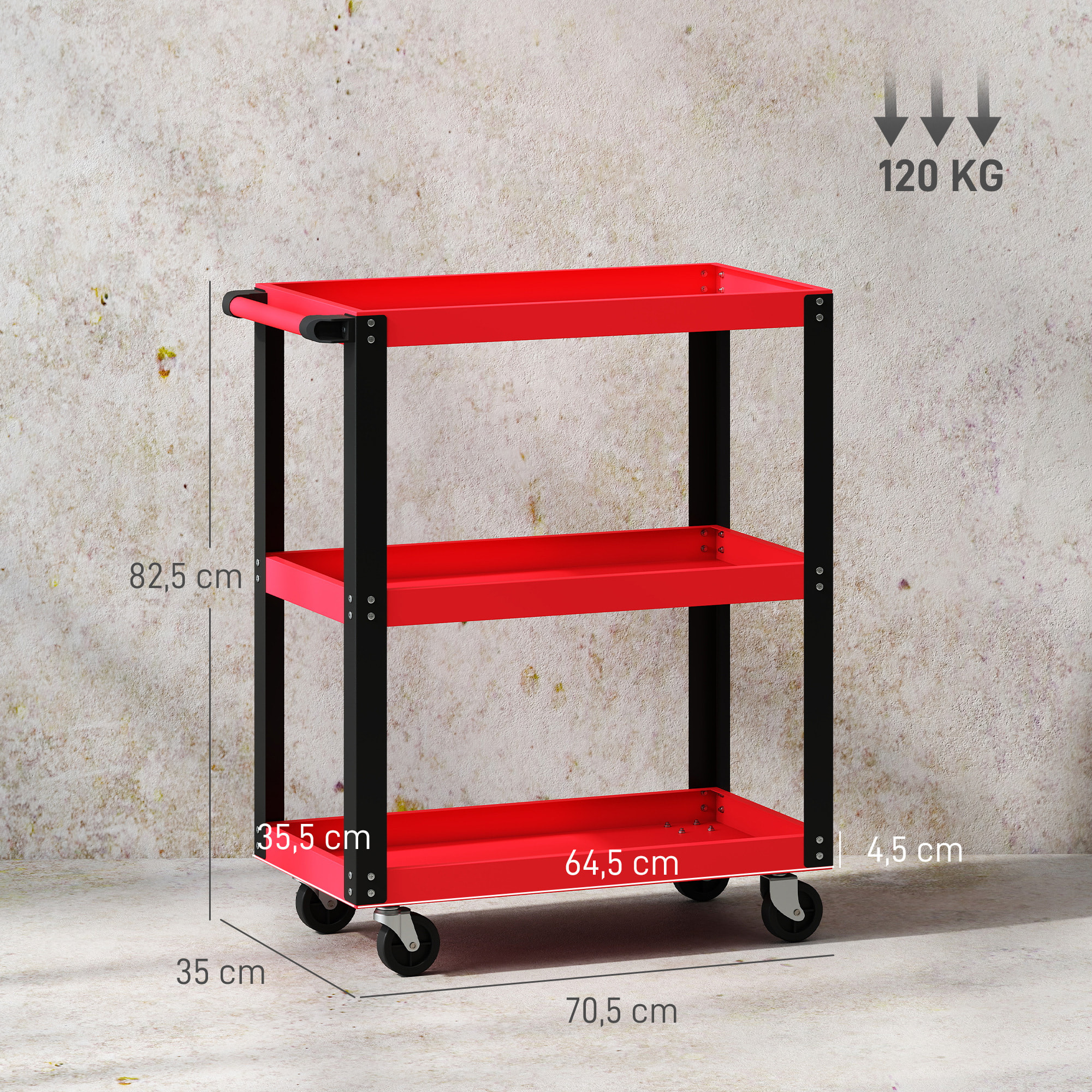 Carro de Taller, Carro de Herramientas con 3 Estantes, Ruedas con Frenos y Asa Lateral, para Garaje Mecánico, Hogar, Carga 120 kg, Rojo