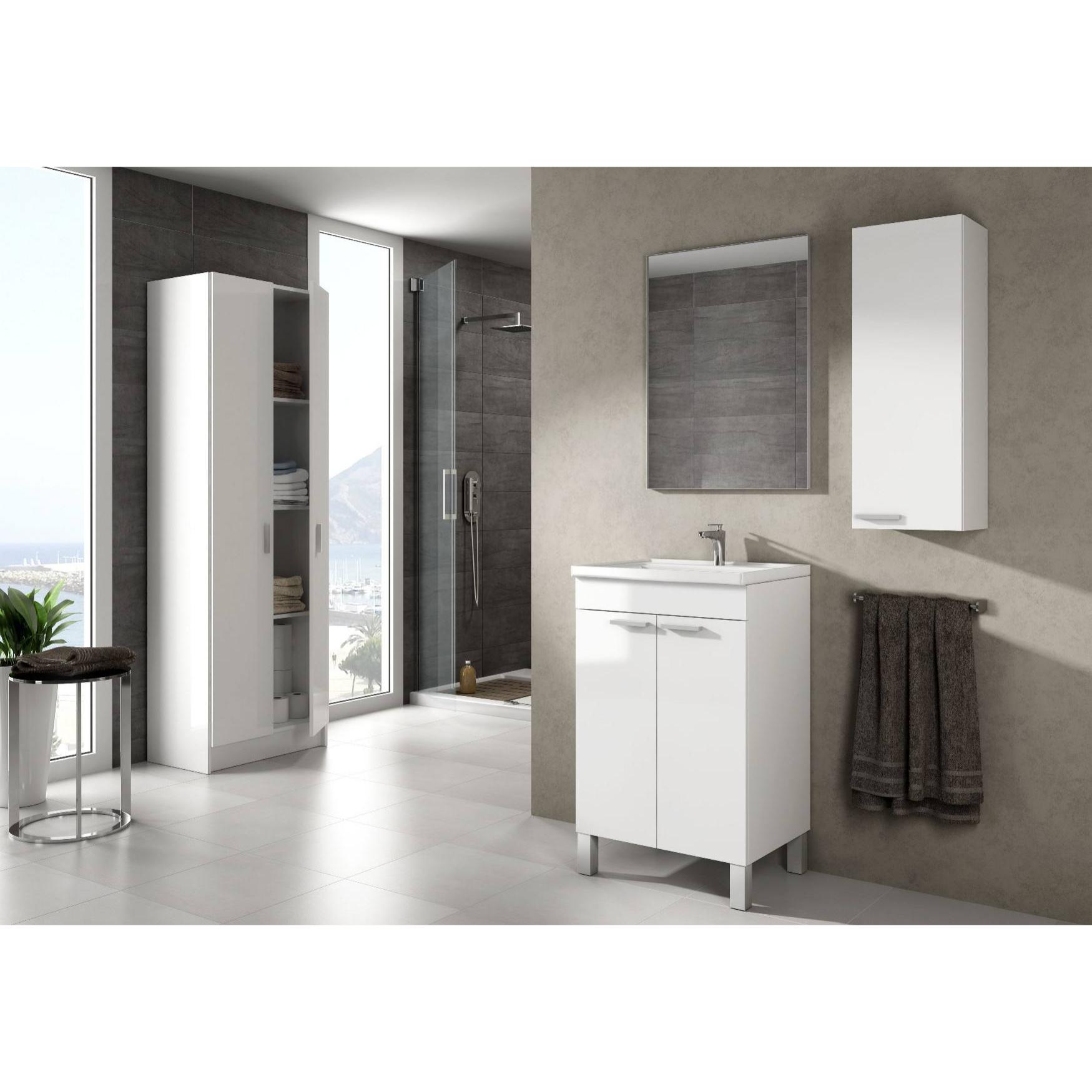 Colonna bagno Torrance, Mobile a colonna per bagno a 1 anta, Armadio pensile sospeso con 1 ripiano, cm 30x25h85, Bianco lucido