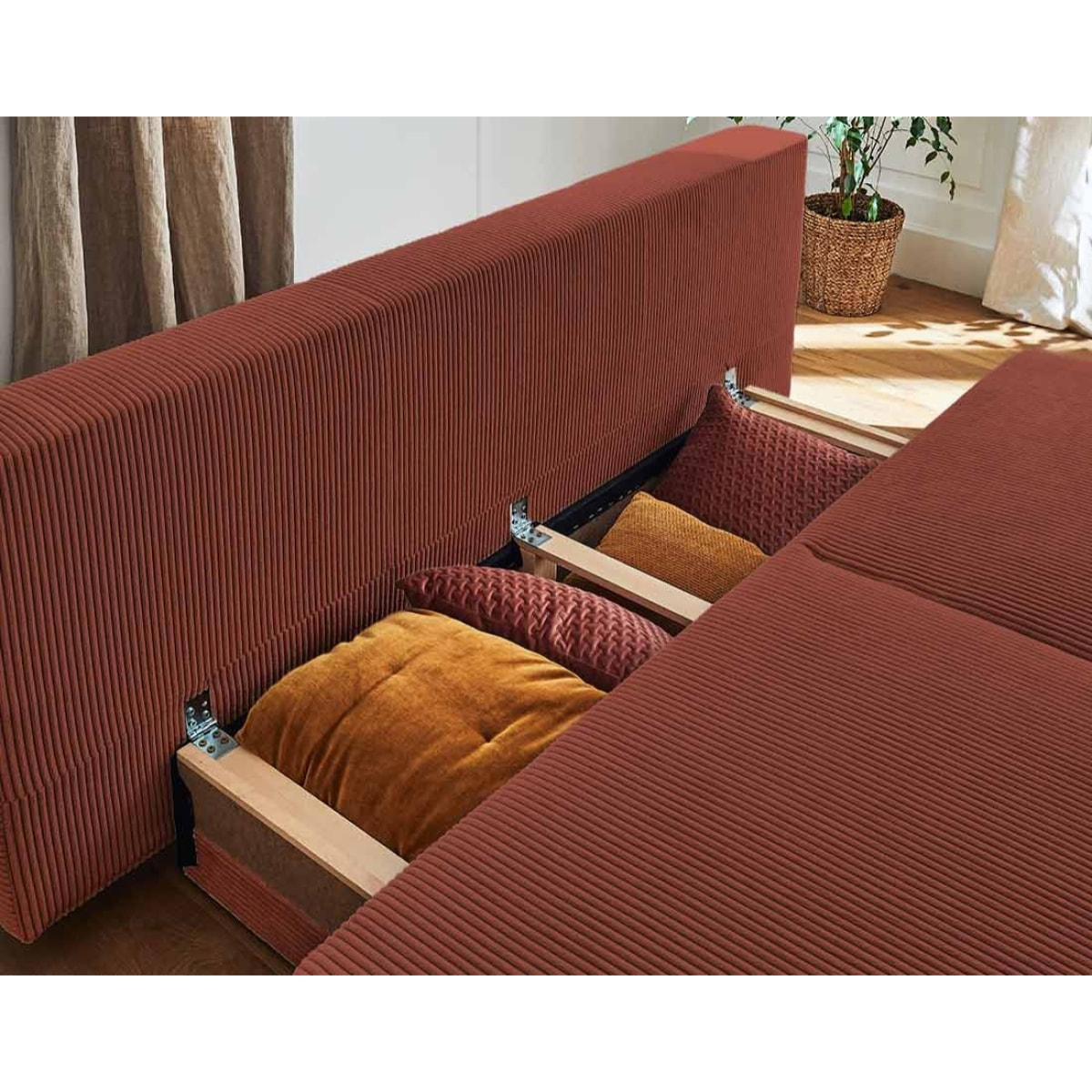 Cristal - canapé 3 places - convertible avec coffre - en velours côtelé - Terracotta