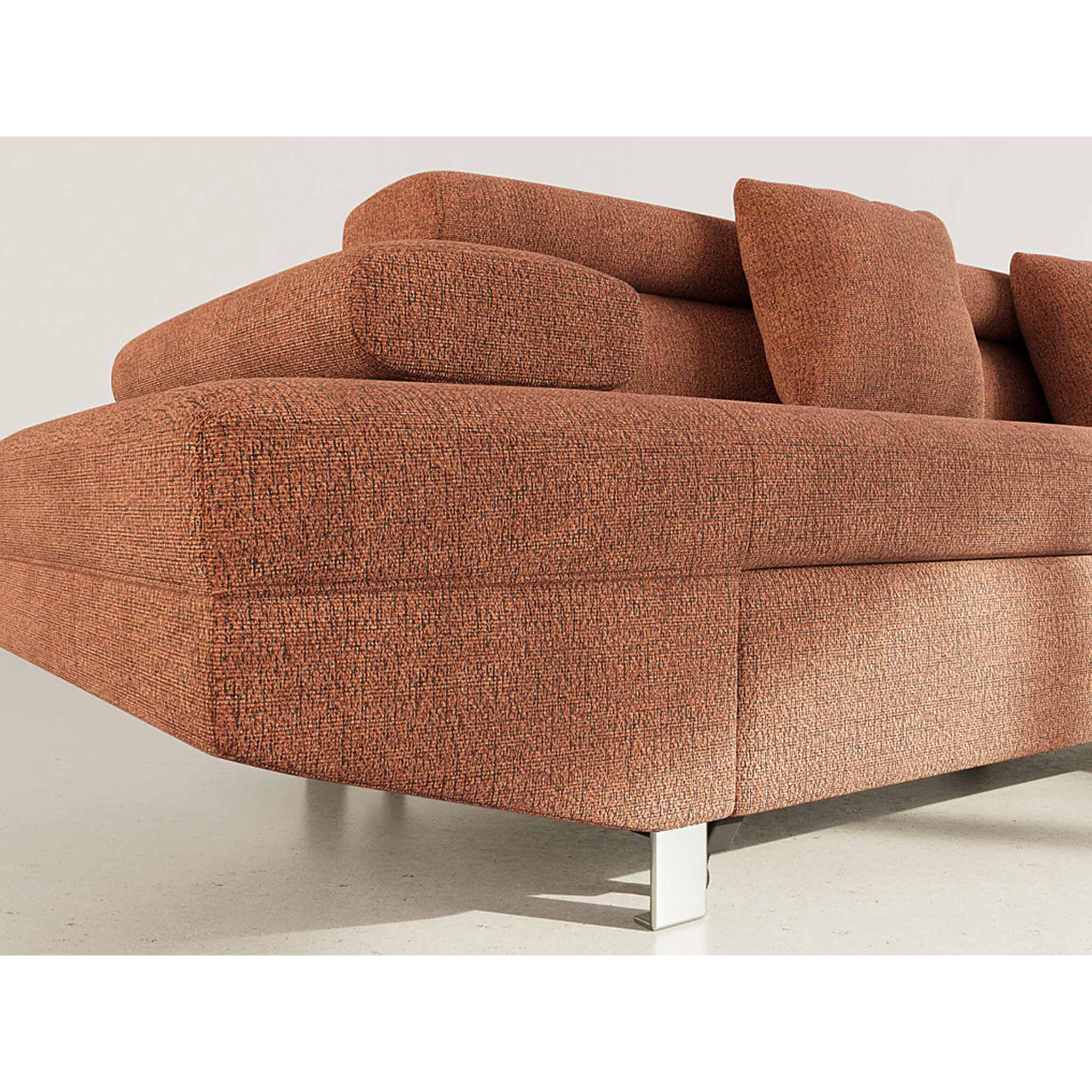 Margaux - Canapé d'angle droit 5 places convertible avec coffre et têtières réglables en velours texturé - Terracotta