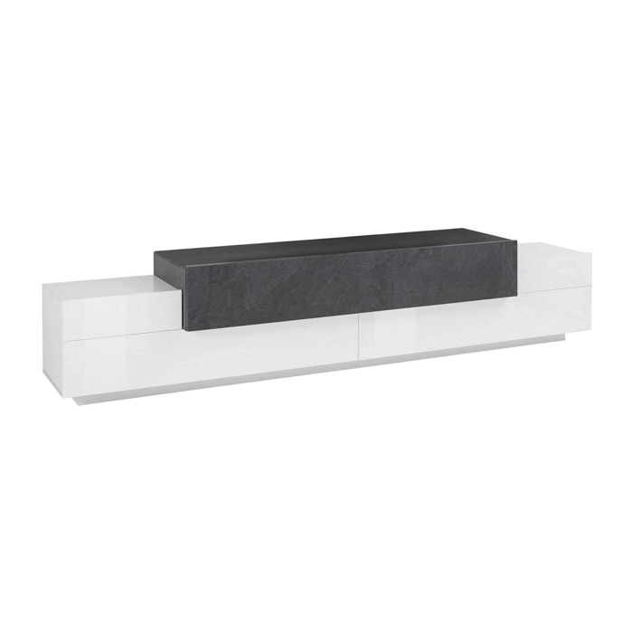 Mobile porta TV Tiche, Credenza bassa da soggiorno, Base porta televisione, 100% Made in Italy, cm 240x45h52, Bianco lucido e Ardesia