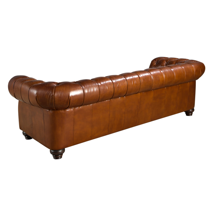 Sofá Chester de 3 plazas tapizado en piel de origen vacuno en marrón coñac patas de madera maciza tintada en caoba 226x101x70cm