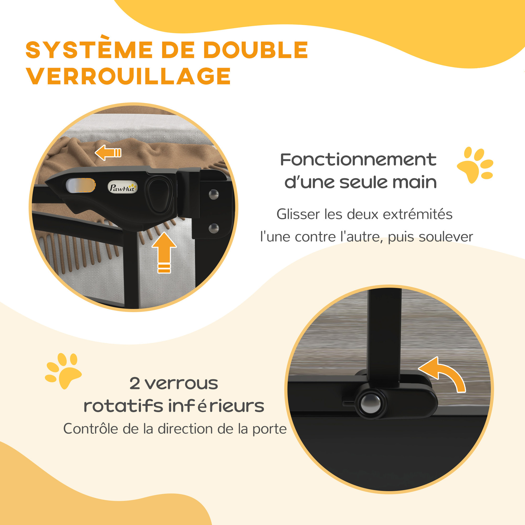 Barrière de sécurité chien, barrière d'escalier à fixation par pression sans percer, porte fermeture automatique, système de double verrouillage, 74 à 80 cm, acier, Noir