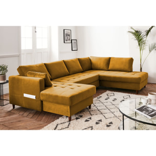 Anna - canapé panoramique d'angle droit - 7 places - convertible avec coffre - en velours - Jaune