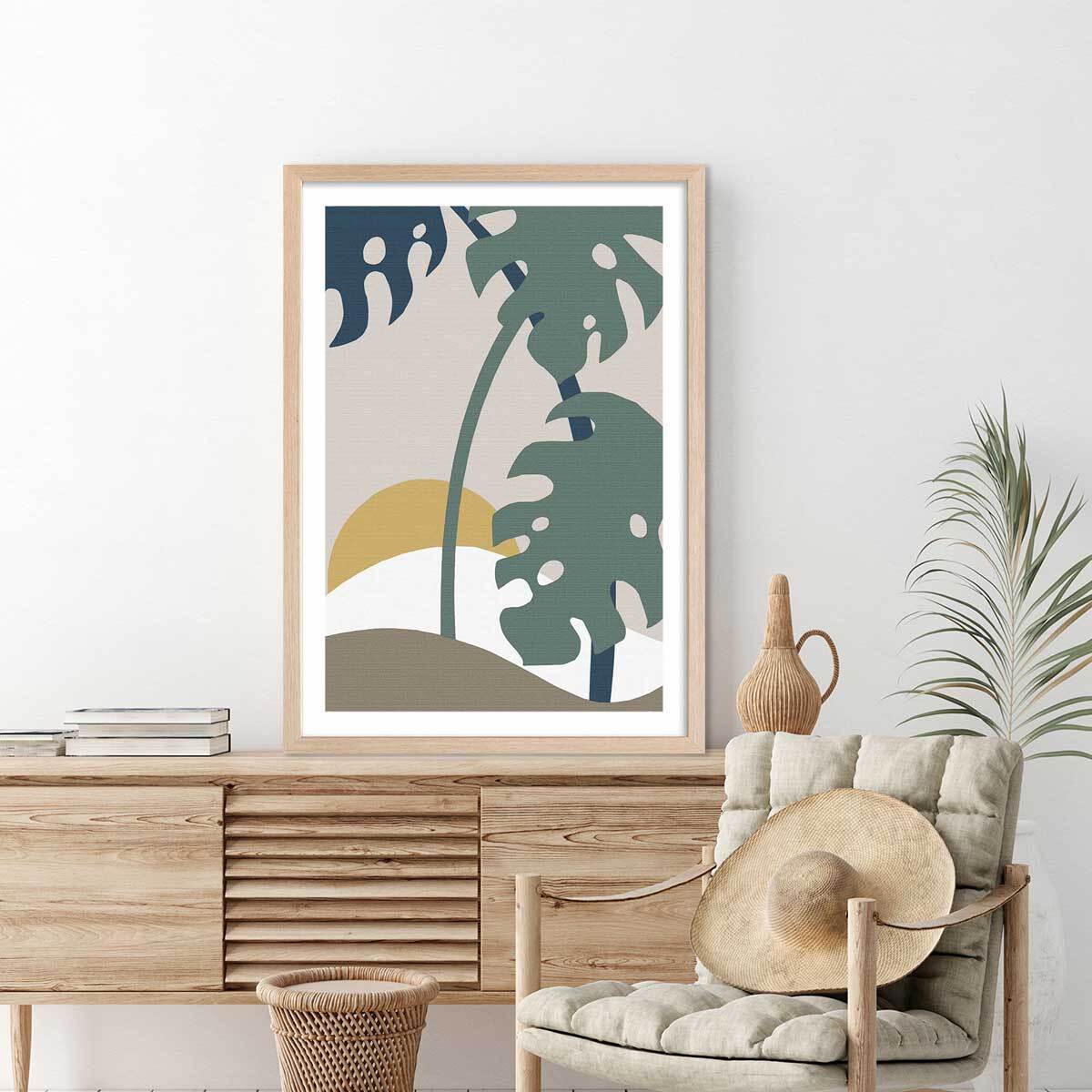 Affiche Monstera effet tissé Affiche + cadre en bois - Chêne