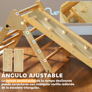 3 en 1 Triángulo de Escalada Montessori, Escalada para Niños de Madera Plegable, para18-48 Meses, con Rampa, para Deslizarse o Escalar, 147x64,5 cm, Natural