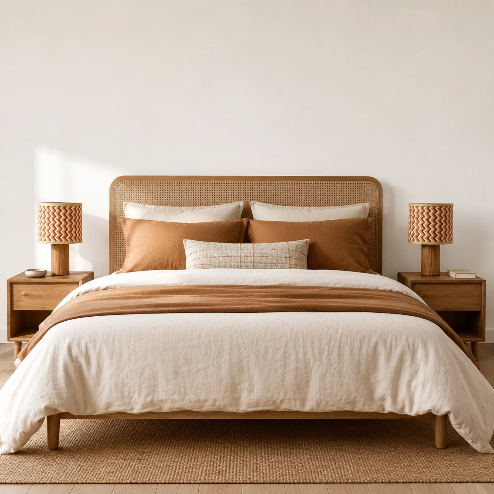 Lampe à poser en bois de chêne et tressage en bambou crème et orange - Phil