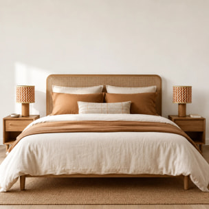 Lampe à poser en bois de chêne et tressage en bambou crème et orange - Phil