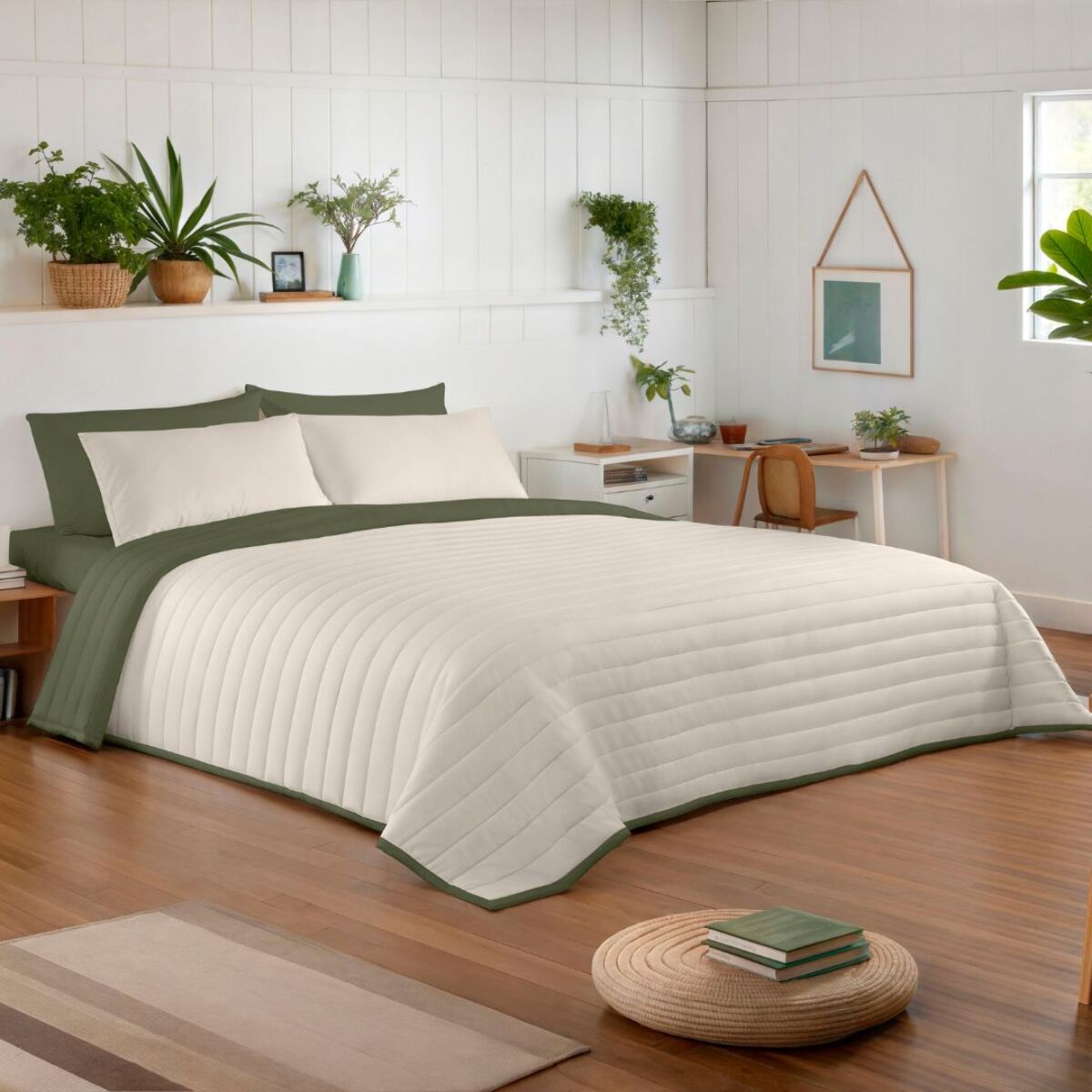 Naturals - Colcha Bouti - Lisa - Reversible - 100% Microfibra - 70 gr/m² - Verde/Vainilla