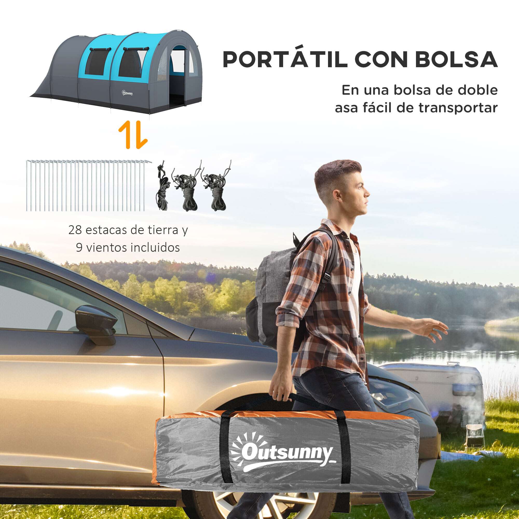 Tienda de Campaña Familiar para 5-6 Personas Tienda de Camping Plegable con 2 Habitaciones Puertas y Bolsa de Transporte Impermeable 3000 mm para Senderismo 480x260x200 cm Gris