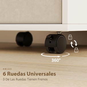 Mesa de Costura Plegable con 6 Ruedas, Mueble para Máquina de Coser con 18 Clavijas para Hilos, 2 Cajones de Tela, 3 Compartimentos, Tomas Corriente Armario de Costura para Estudio Salón Blanco