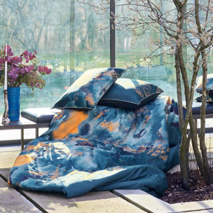 Housse de couette satin de coton imprimé bleu or Fuji nocturne