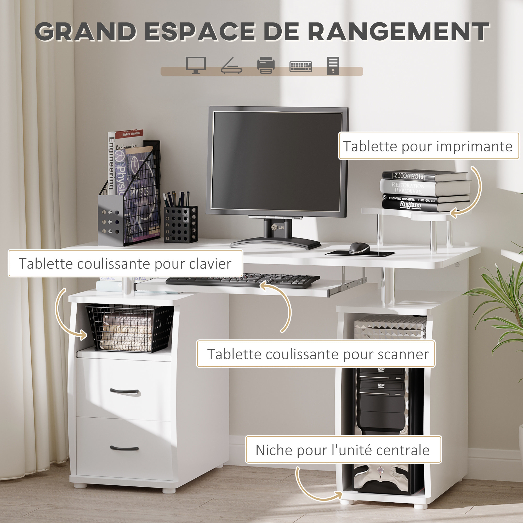 Bureau informatique multimédia multi-rangements 120L x 55l x 85H cm panneaux particules blanc