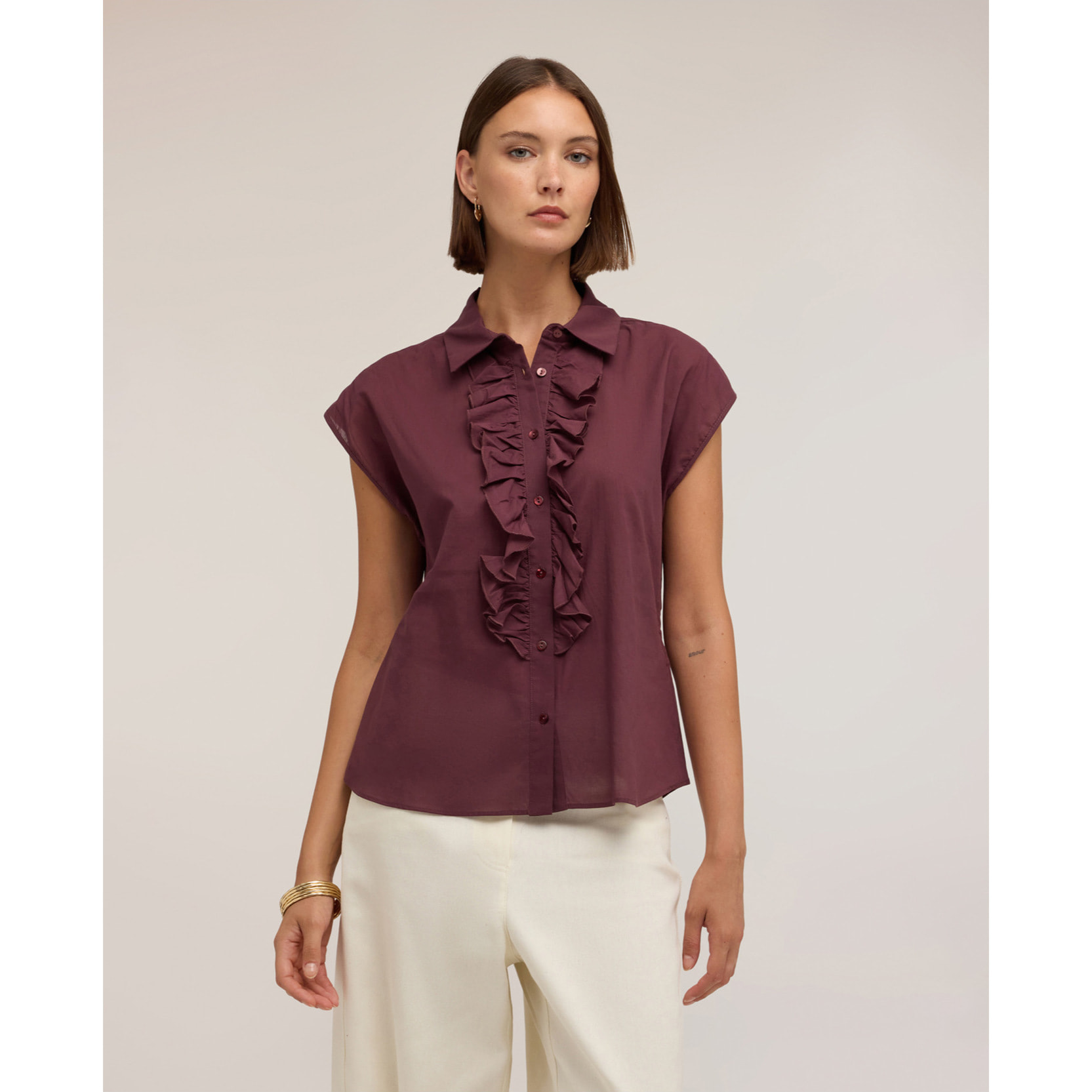 Motivi - Camicia in voile di cotone con volant - Bordeaux