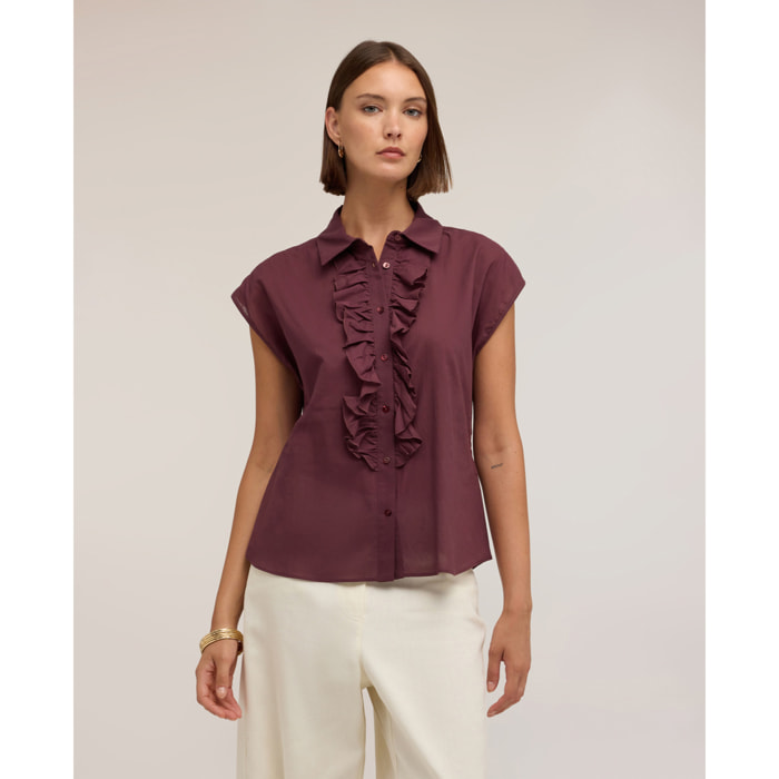 Motivi - Camicia in voile di cotone con volant - Bordeaux