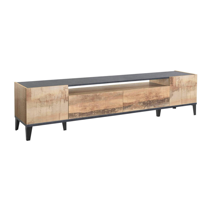 Mobile porta TV Abina, Credenza bassa da soggiorno a 2 ante, Base porta televisione, 100% Made in Italy, cm 200x40h47, Ardesia e Acero