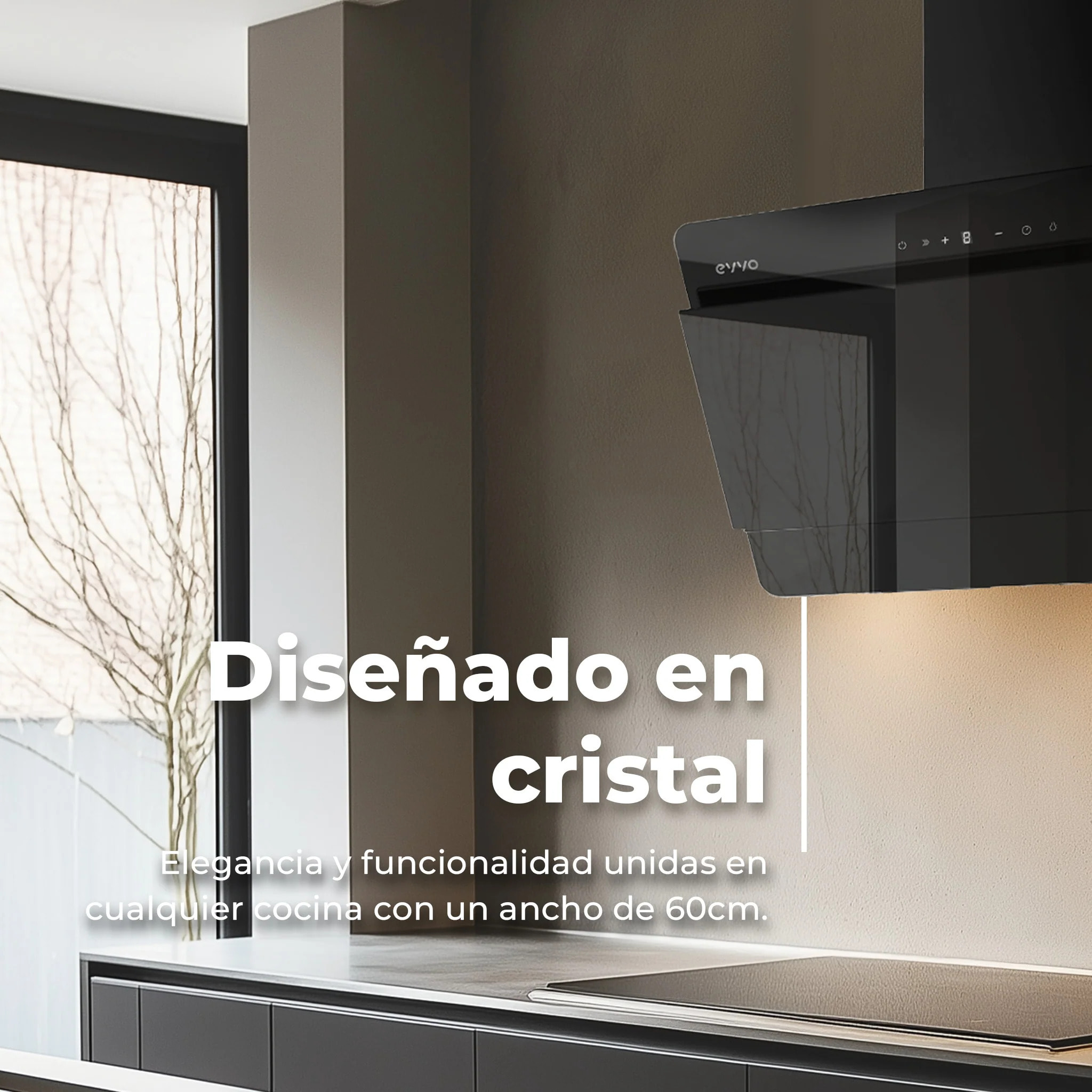 EVVO Campana extractora 60 cm decorativa, 800 m³/h, control táctil y gestual, filtros de aluminio y carbón activo, eficiencia energética A++