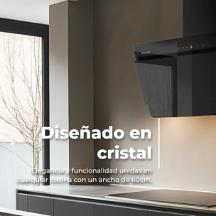 EVVO Campana extractora 60 cm decorativa, 800 m³/h, control táctil y gestual, filtros de aluminio y carbón activo, eficiencia energética A++
