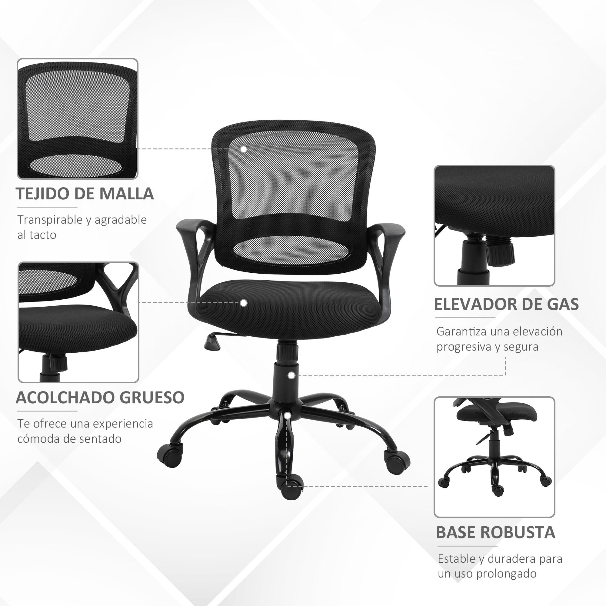 Vinsetto Silla de Oficina Ergonómica Silla de Escritorio Basculante con Altura Ajustable Asiento Giratorio 360° y Soporte Lumbar Malla Transpirable 61x61x89-99 cm Negro