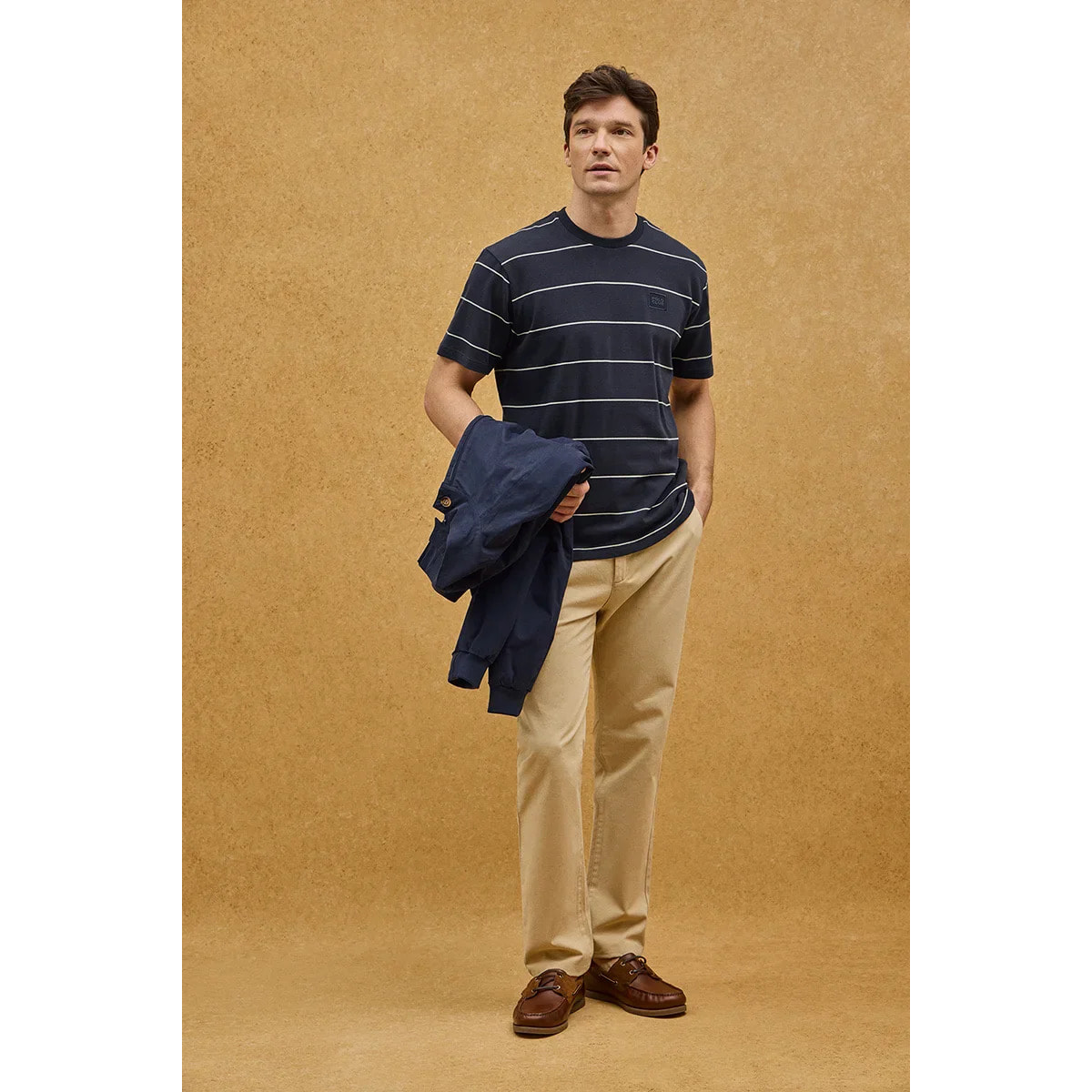 Maglietta a righe blu marino e giallo chiaro con toppa Polo Club