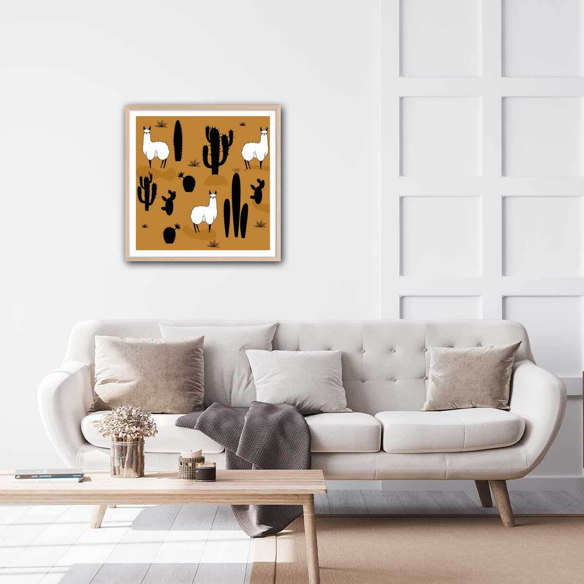 Affiche illustration lama et cactus Affiche + cadre en bois - Chêne