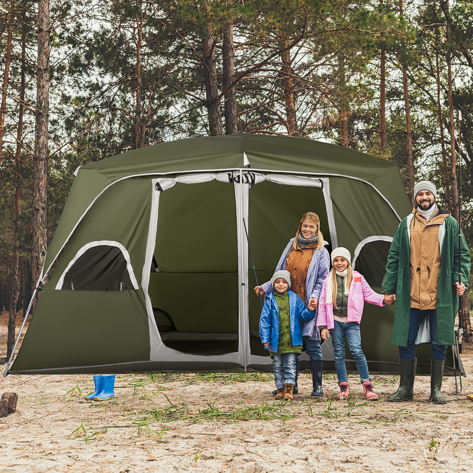 Tienda de Campaña Familiar para 4-8 Personas con 2 Dormitorios Tienda de Camping Grande con 2 Bolsillos y Ventanas con Malla Impermeable 400x275x210 cm Verde