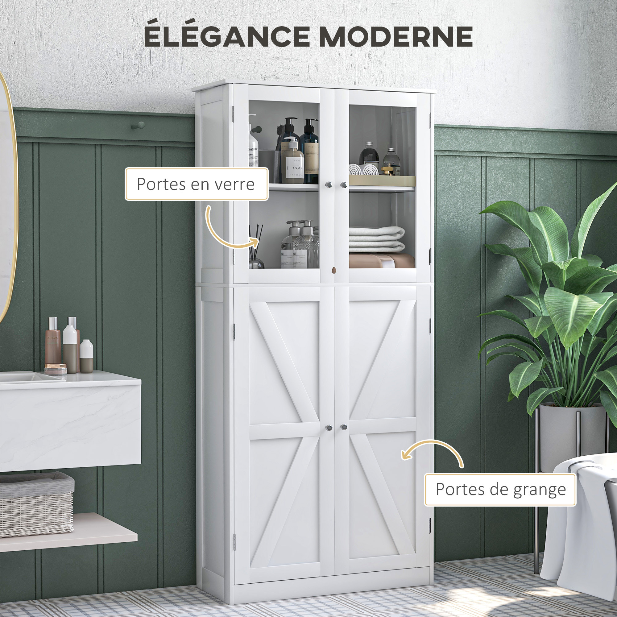 Buffet haut salle de bain moderne - 4 portes, 3 étagères - verre trempé MDF blanc