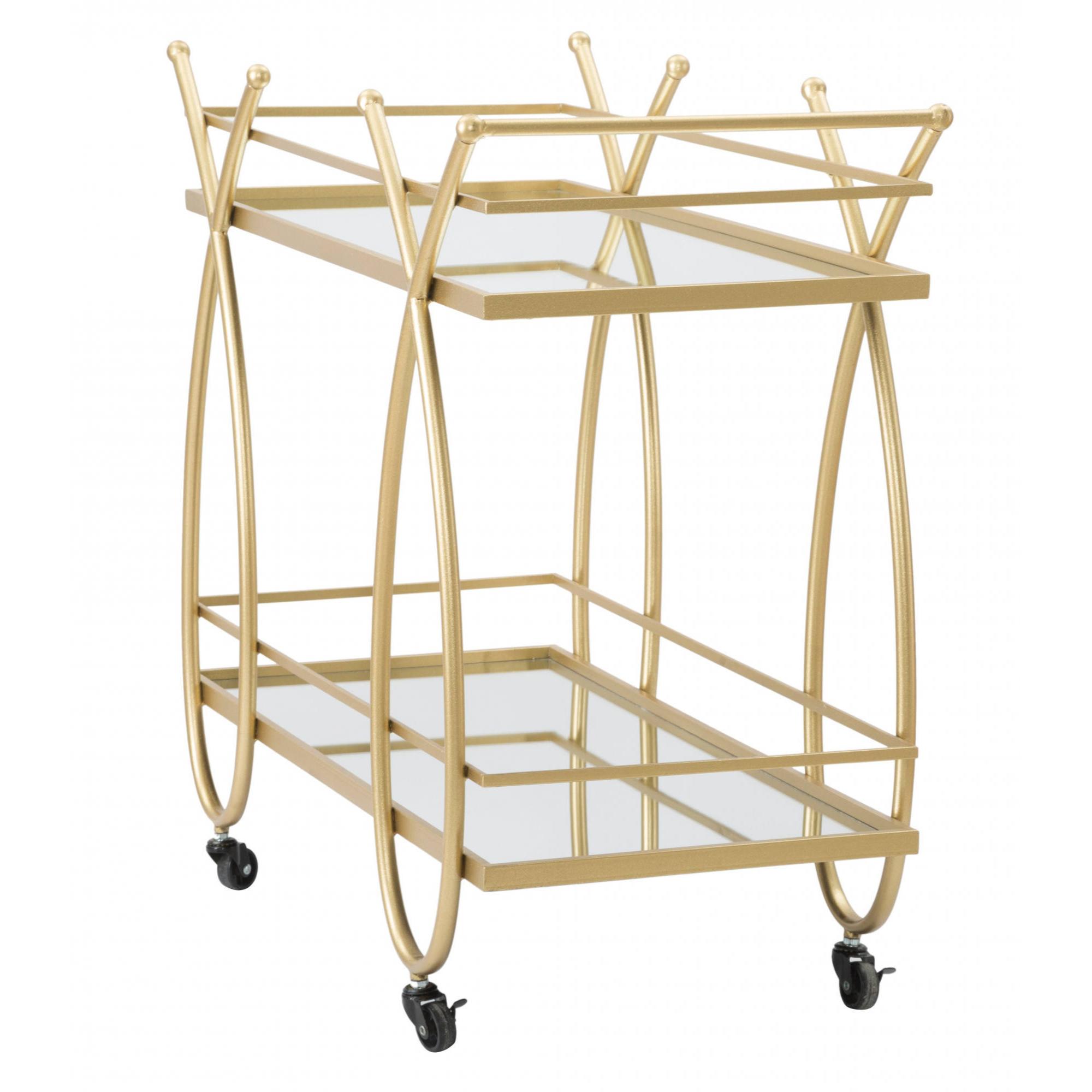 Carrello rettangolare, in metallo dorato e vetro a specchio, con 2 ripiani e pratiche ruote, colore oro, Misure 40 x 75 x 80 cm