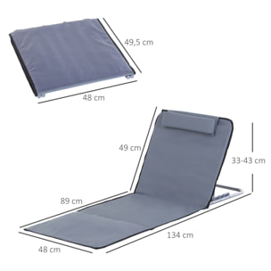 Conjunto de 2 Esterillas de Playa Plegable Esterillas con Respaldo Reclinable en 5 Niveles Reposacabezas y Bolsa de Transporte 134x48x33-43 cm Gris