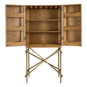 Aparador Angel Cerdá alto con estructura de madera chapada en nogal natural tapizada en tela gris claro y unas patas de acero inoxidable pulido en dorado 82x53x169cm