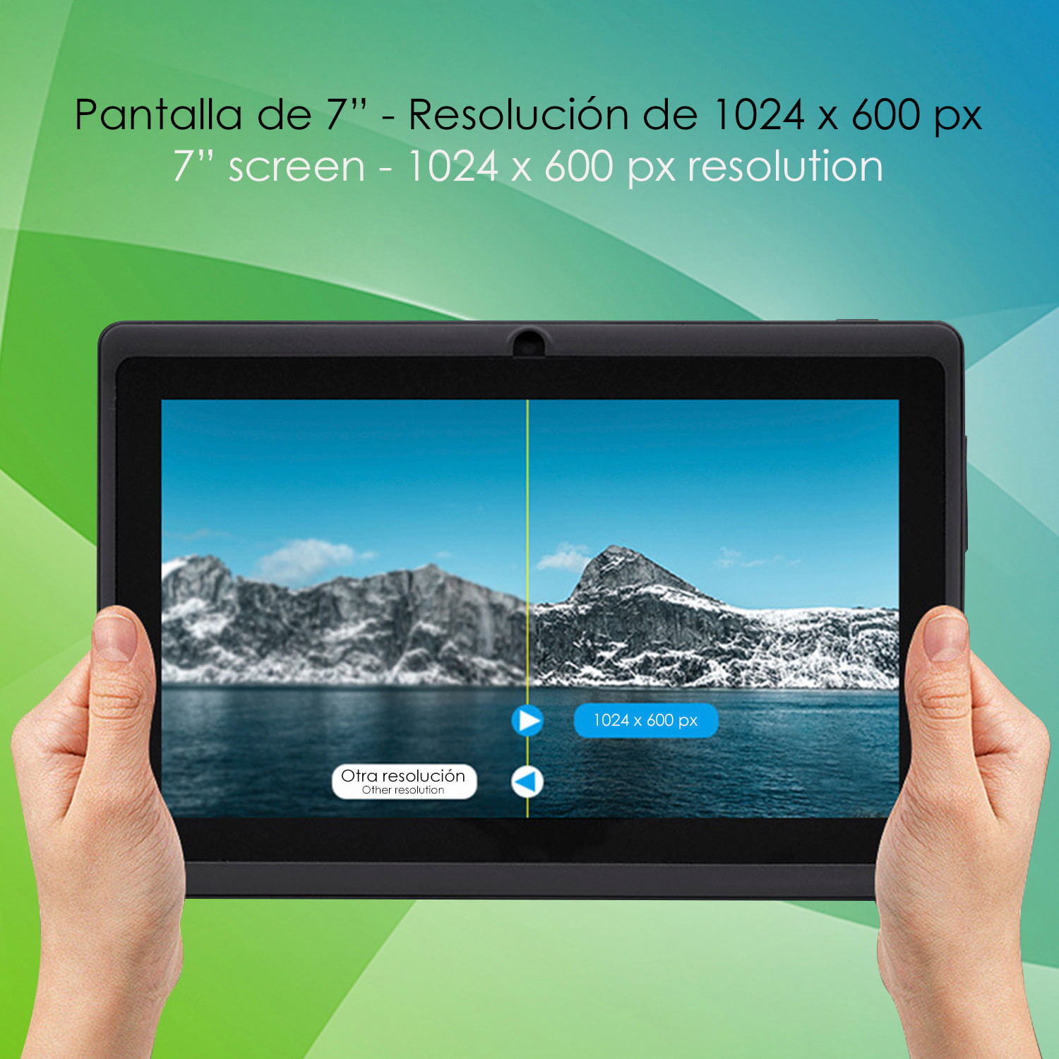 Tablet Wi-Fi Q75X PRO. Sistema operativo Android 7. Schermo da 7 pollici 1024x600px. MTK8321 Quad Core da 1,3 GHz, 1 GB di RAM + 8 GB. Doppia fotocamera.