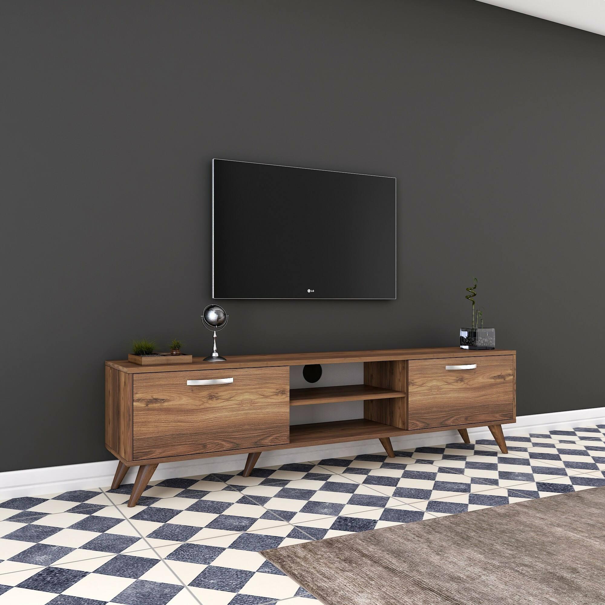 Mobile porta TV Dbarar, Credenza da soggiorno, Armadio basso per TV, Base parete attrezzata, 180x35h49 cm, Noce