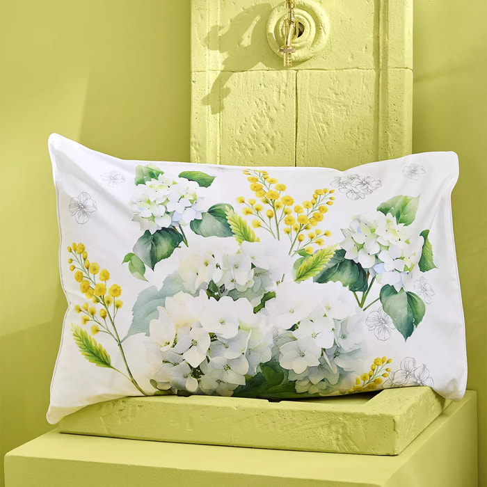 Lot de 2 taies percale de coton 115 g/m² imprimé blanc jaune Annabelle mimosa