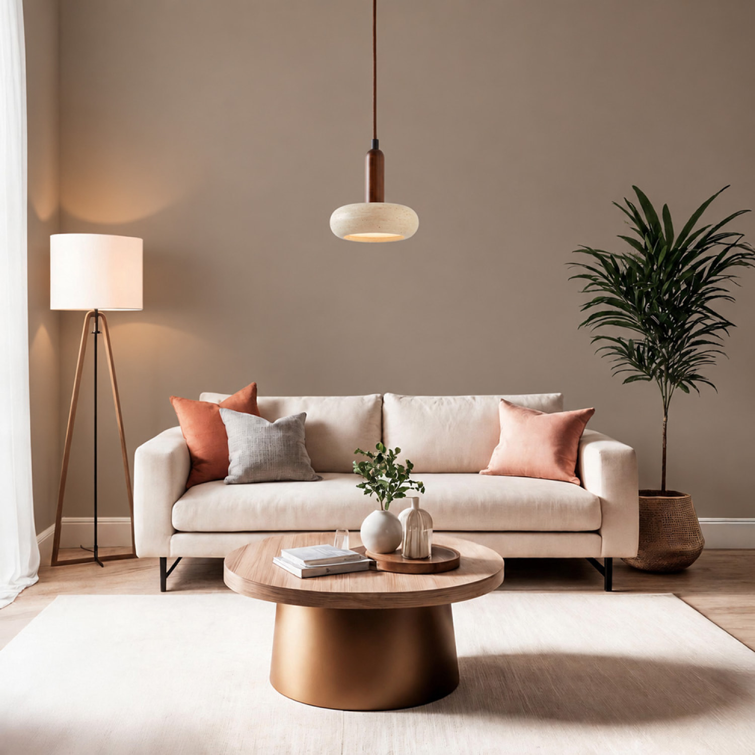 Suspension design cylindrique en travertin et bois effet noyer TIVOLI