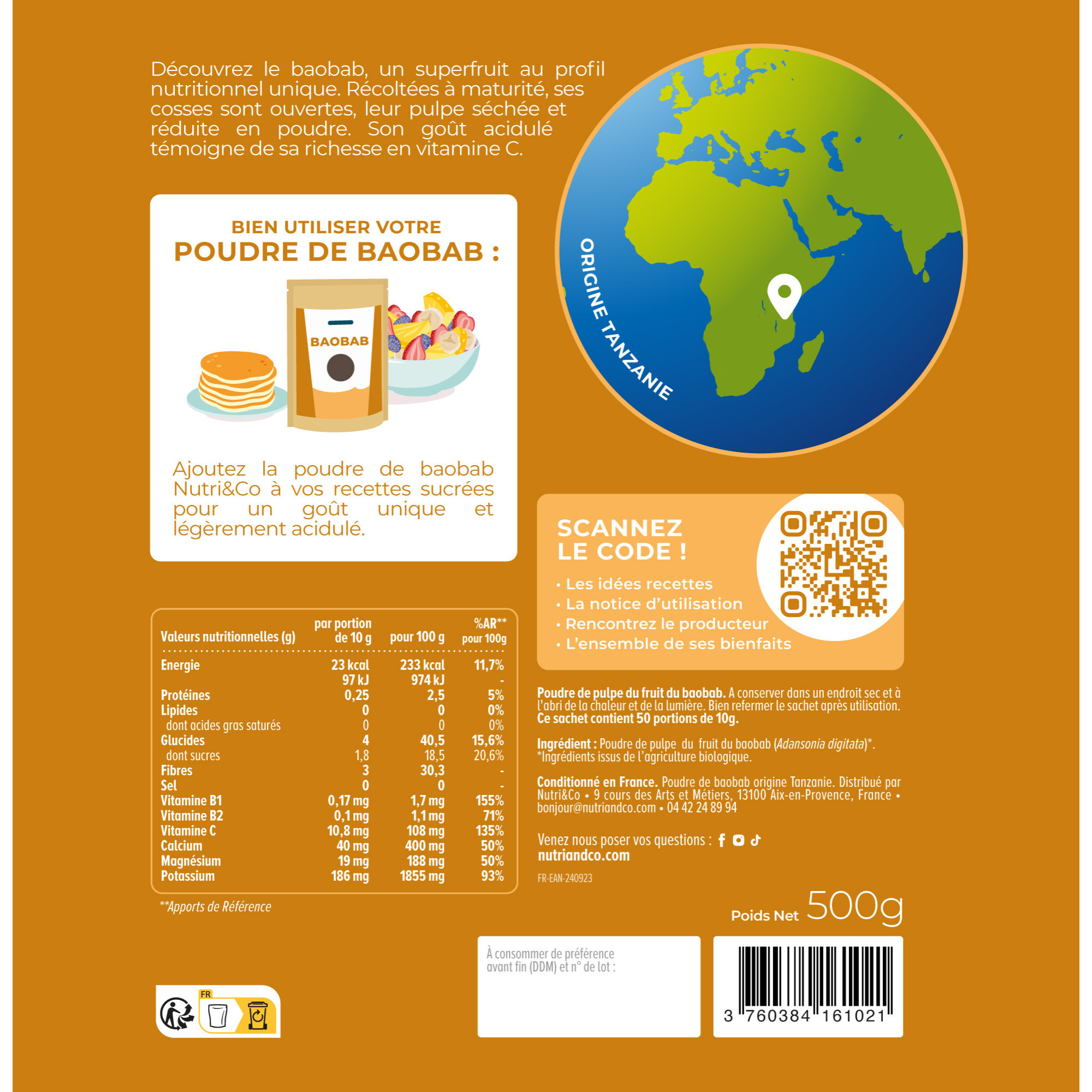 Nutri&Co Poudre de Baobab - Riche en antioxydants - 500g Vegan