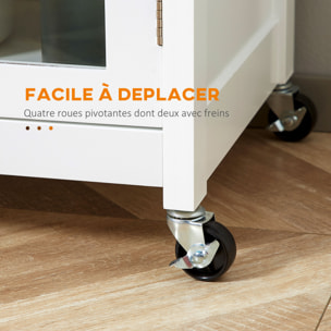 Desserte de cuisine à roulettes multi-rangement - placard porte vitrée avec étagère réglable, tiroir, porte-torchon - blanc aspect chêne clair