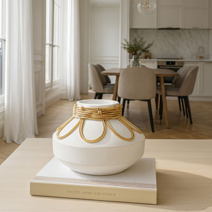 Vase en béton et rotin blanc h16cm NOUR
