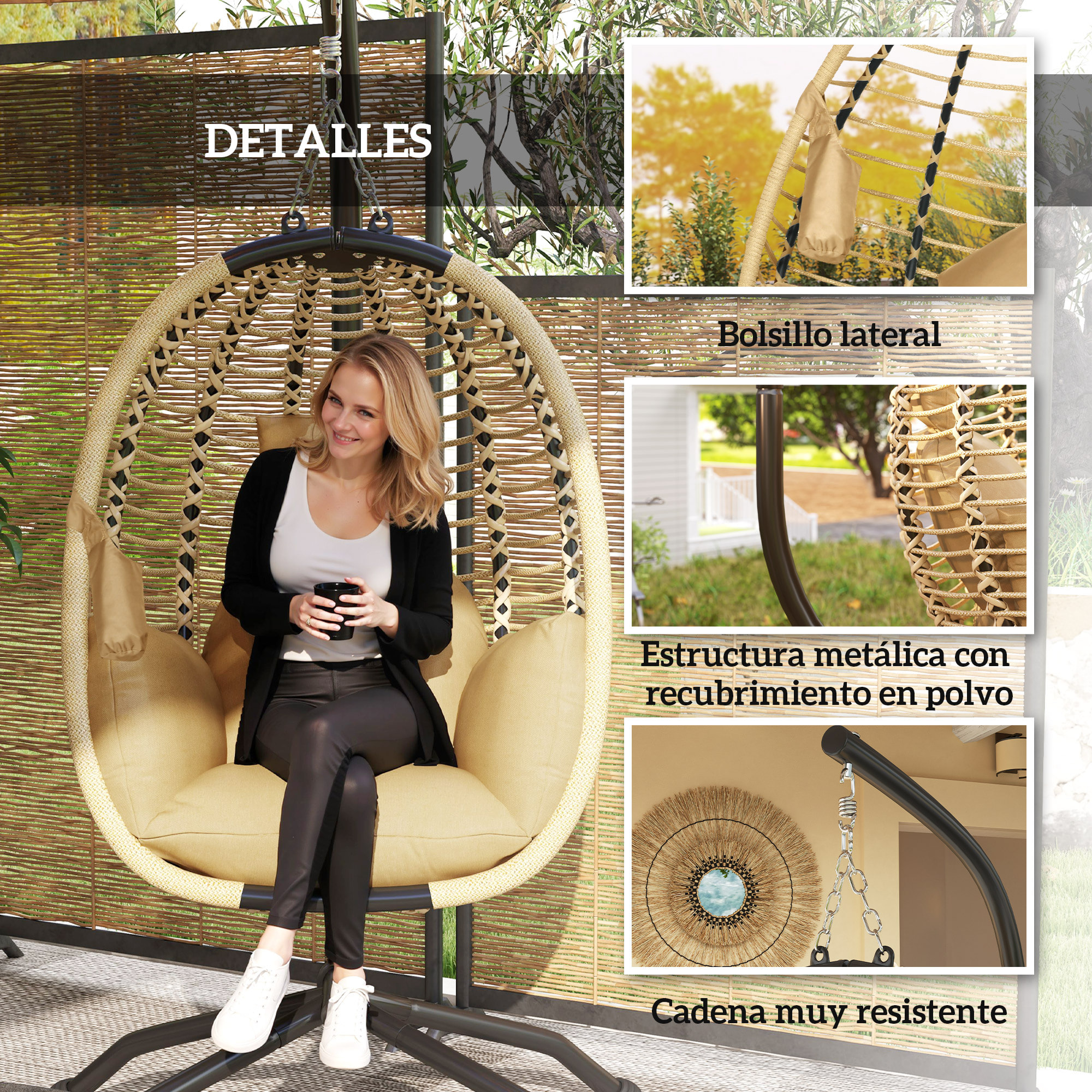 Silla Colgante Huevo con Soporte Columpio de Jardín Exterior con Cesta Plegable Reposacabezas Cojín Bolsillo Lateral Columpio Colgante para Interior y Exterior Carga 120 kg Beige