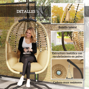 Silla Colgante Huevo con Soporte Columpio de Jardín Exterior con Cesta Plegable Reposacabezas Cojín Bolsillo Lateral Columpio Colgante para Interior y Exterior Carga 120 kg Beige