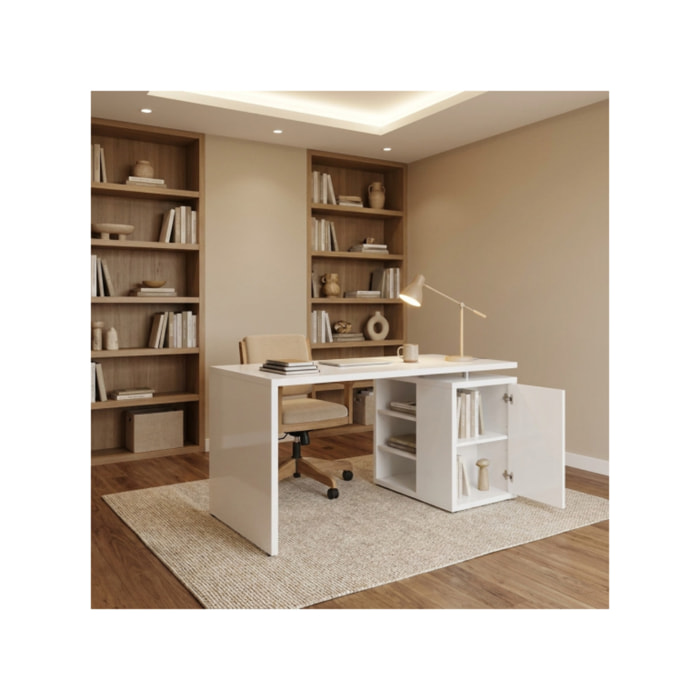 Bureau avec rangement blanc laqué moderne - BROOK