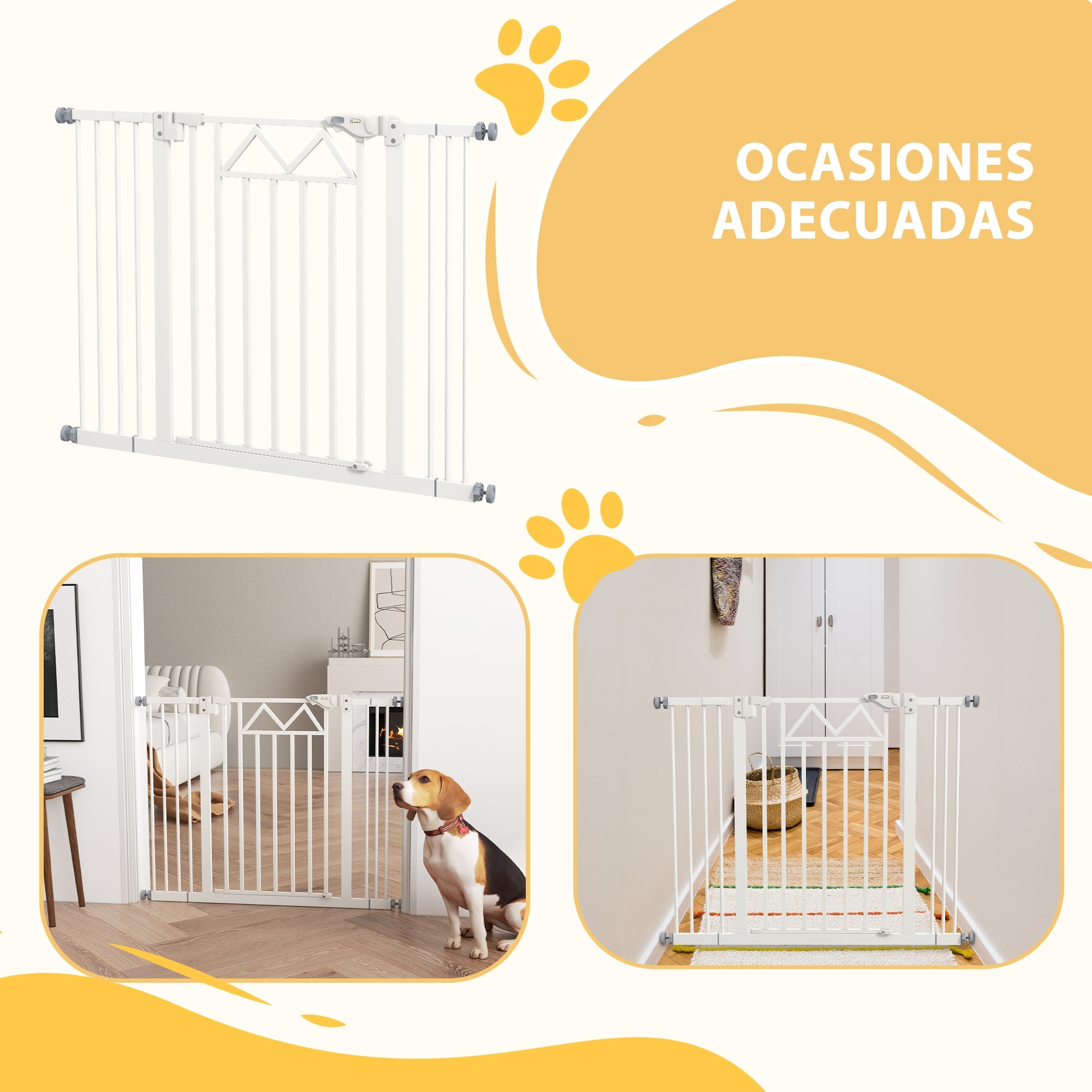 Barrera de Seguridad para Perros Extensible 74-100 cm, para Puertas y Escaleras, Barrera para Perros con Cierre Automático, Doble Bloqueo, Montaje a Presión y 2 Extensiones 7/14cm, Blanco