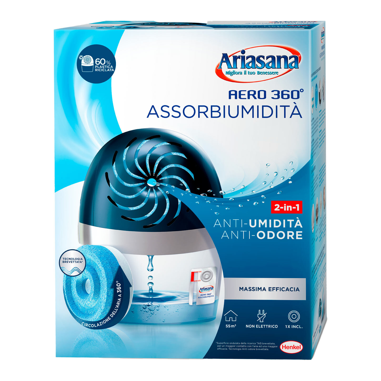 Ariasana Aero 360° Assorbiumidità e Anti Odore Non Elettrico Massima Efficacia - Dispositivo + 1 Tab di Ricarica