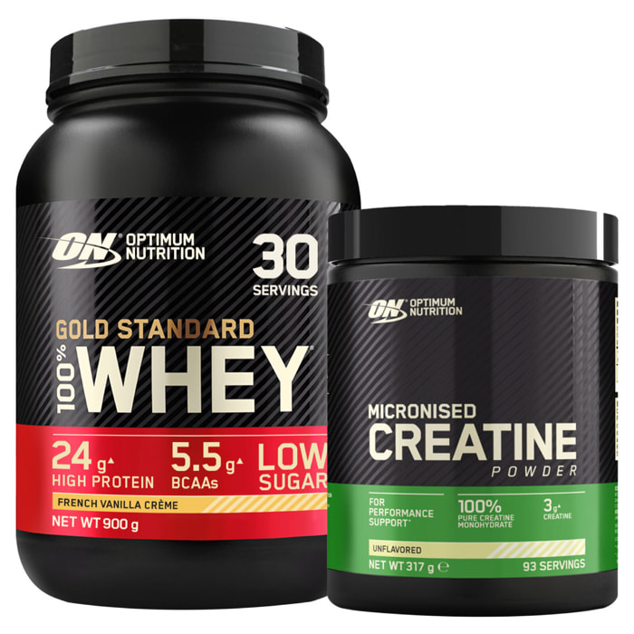 Gold Standard 100% Whey Proteine in Polvere con Aminoacidi Vaniglia Francese 900 g 30 Porzioni + Micronised Creatine Monohydrate per la Performance Non Aromatizzato 317g 93 Porzioni