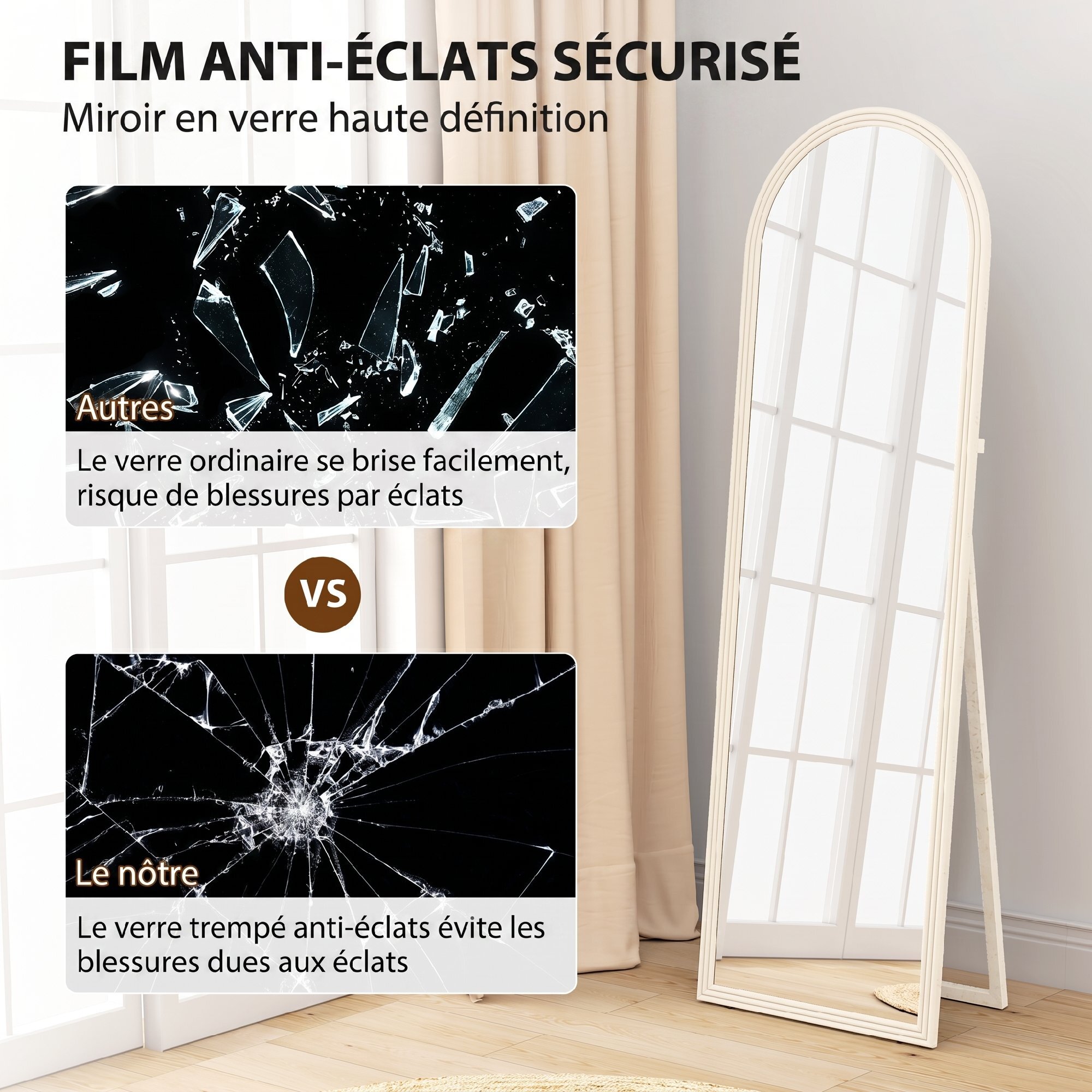 Miroir sur pied et mural pleine longueur 50 x 160 cm cadre pied effet pierre blanc