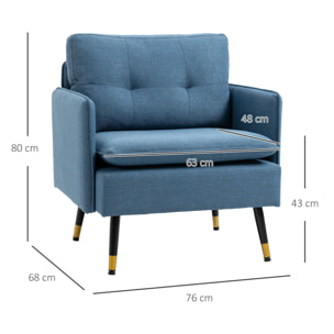 Fauteuil style art-déco dossier effet capitonné piètement incliné effilé métal noir extrémités dorées tissu bleu